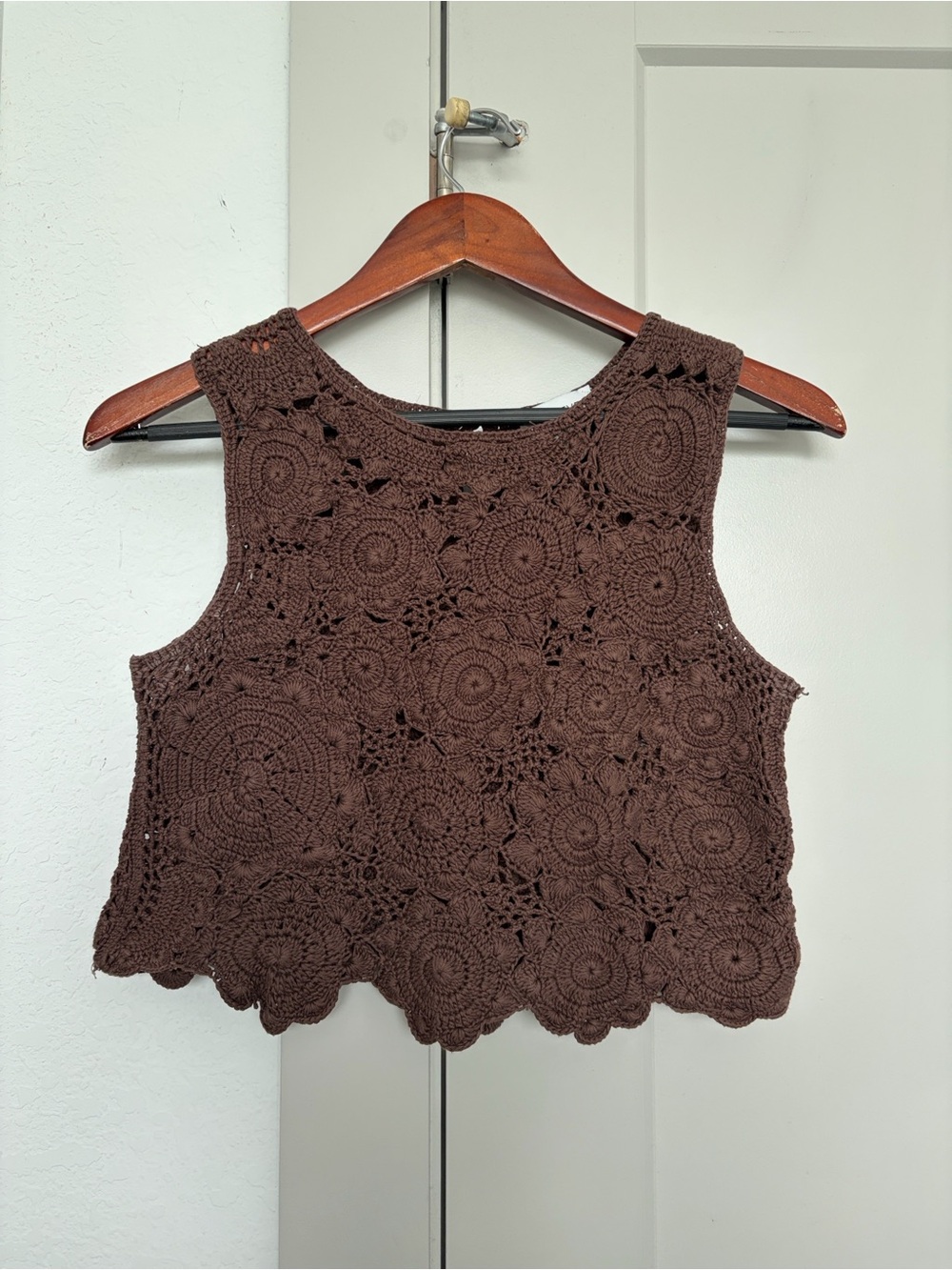 EVEREVE HAND CROCHET FLORAL LACE TANK TOP BROWN WOMEN’S XS